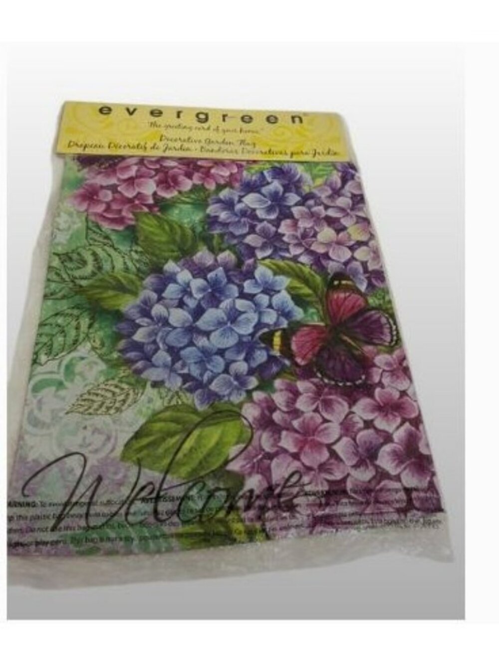 Decorative NWOT Garden Flag With Hydrangea & Butterfly Design By Evergreen